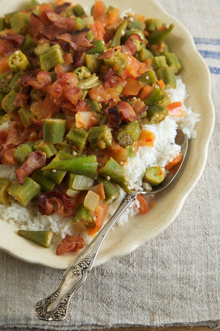Stewed Okra and Tomato Over Rice, With Spoon