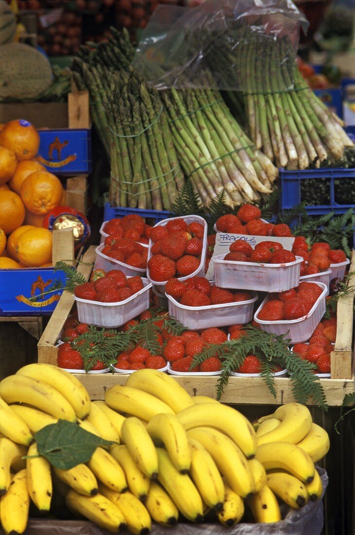 Street Market in Rome, Italy, Bananas, Strawberries, Oranges and Asparagus