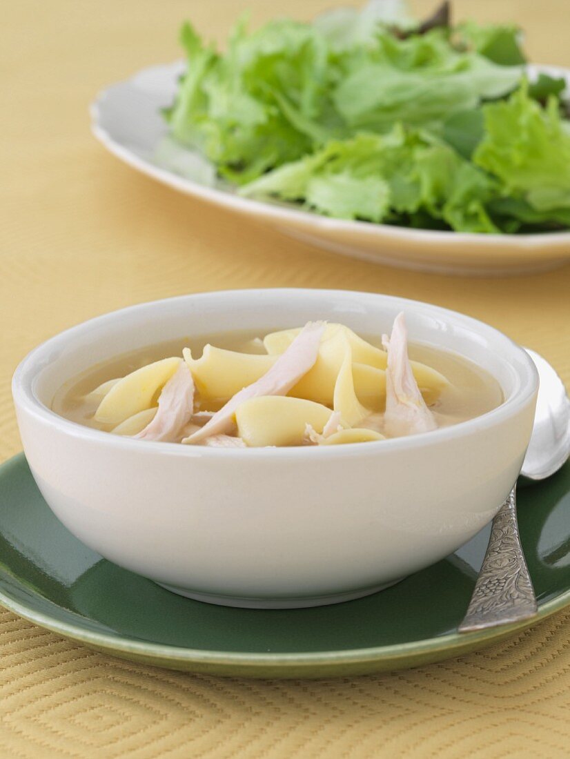 Bowl of Chicken Noodle Soup; Side Salad in Background