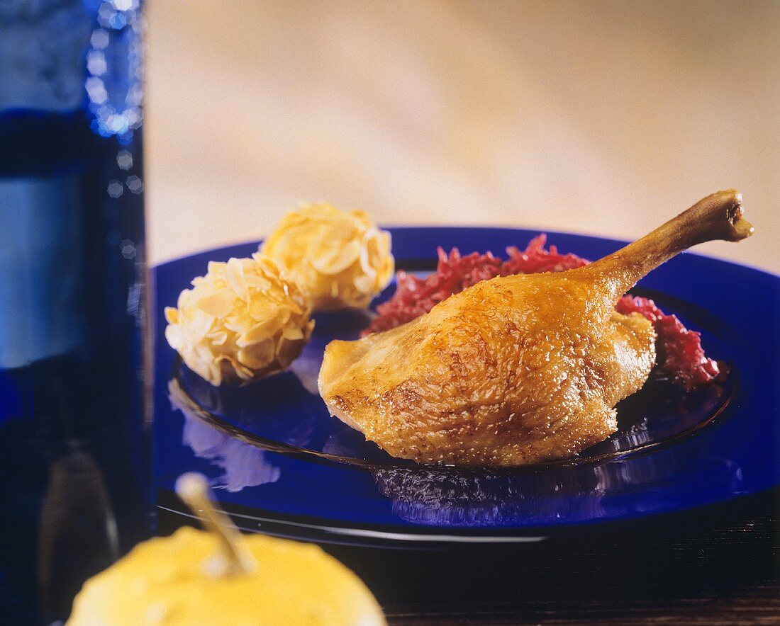 Goose Leg with Red Cabbage and Almond Balls