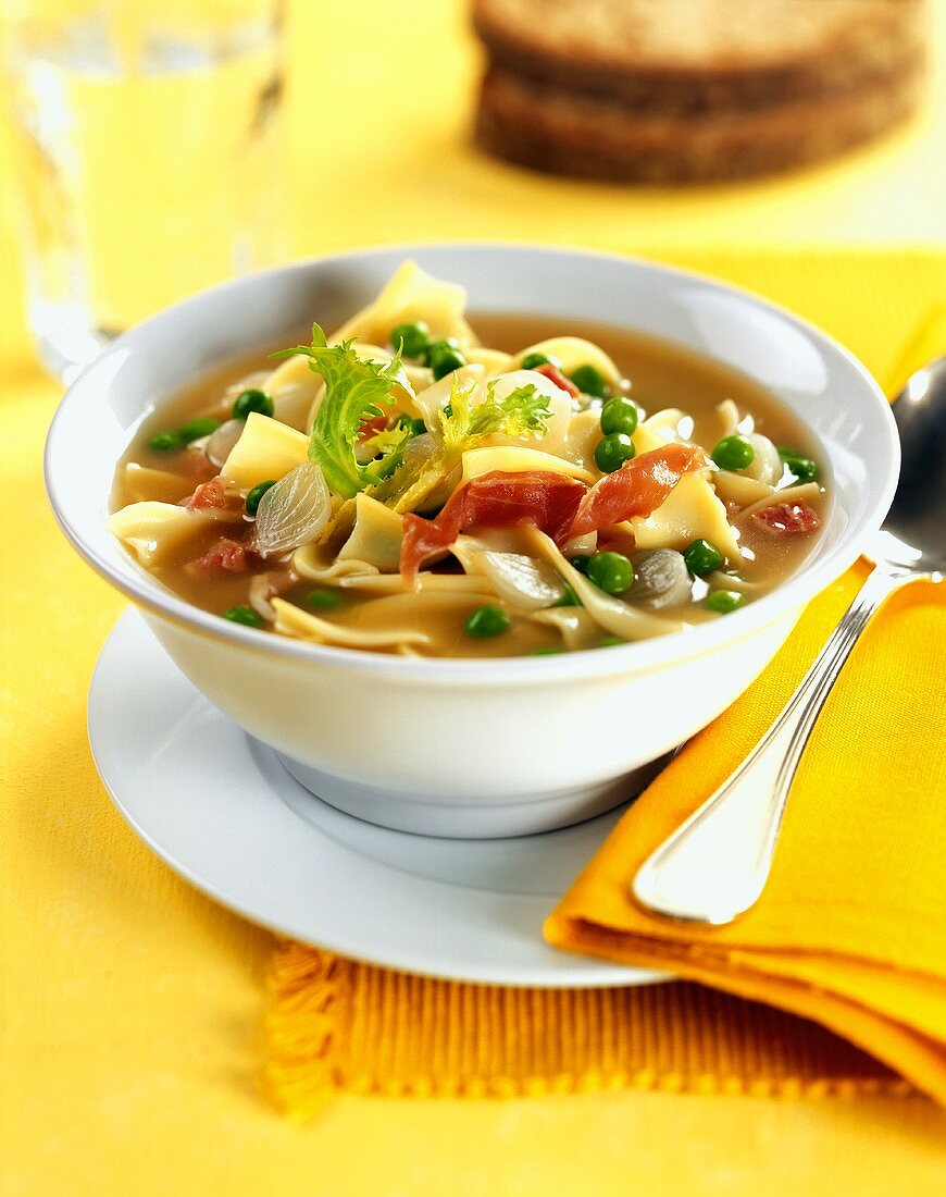Hearty Soup with Vegetables, Prosciutto and Egg Noodles