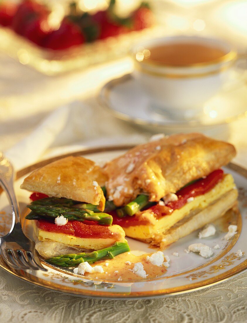 A Puff Pastry Sandwich with Asparagus, Feta, Tomato and Egg