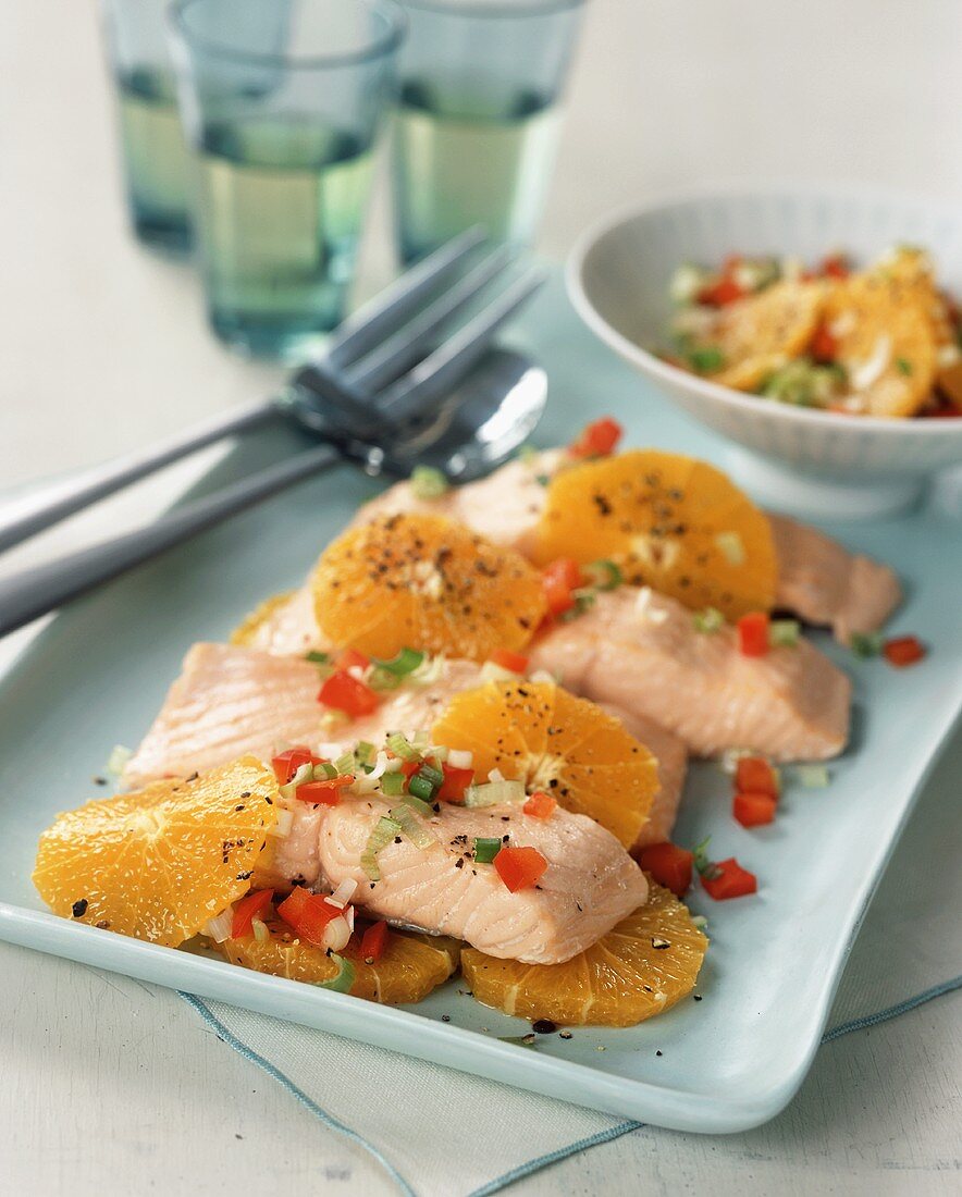 Poached Salmon with Sliced Orange and Red Pepper Relish