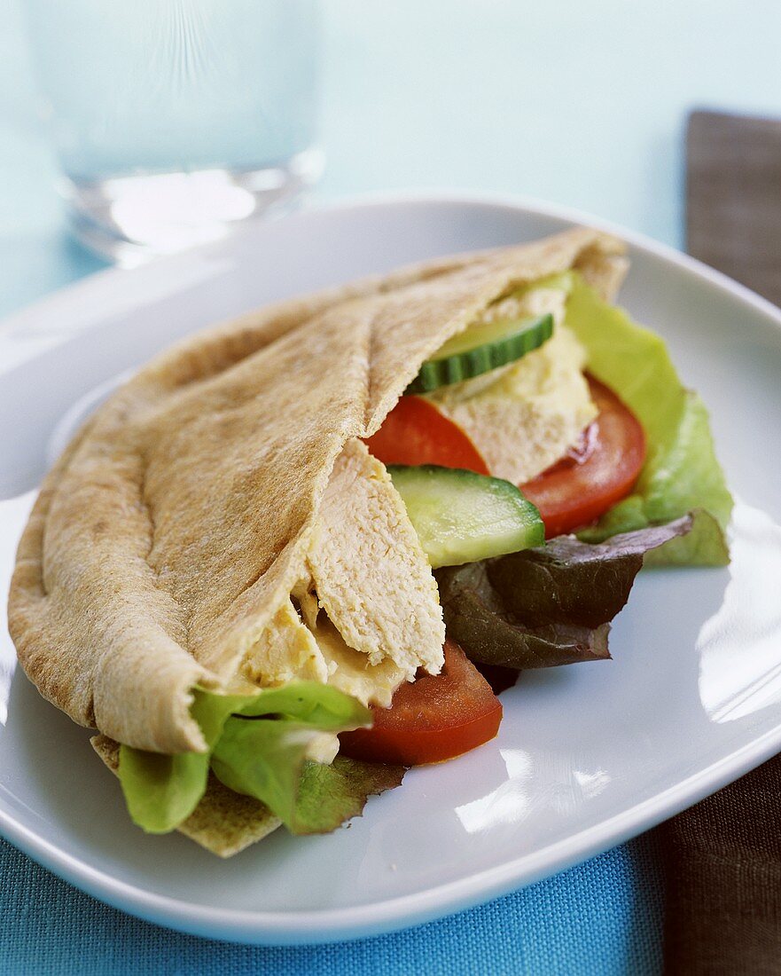 Whole Wheat Pita Filled with Chicken, Cucumber, Tomato and Lettuce