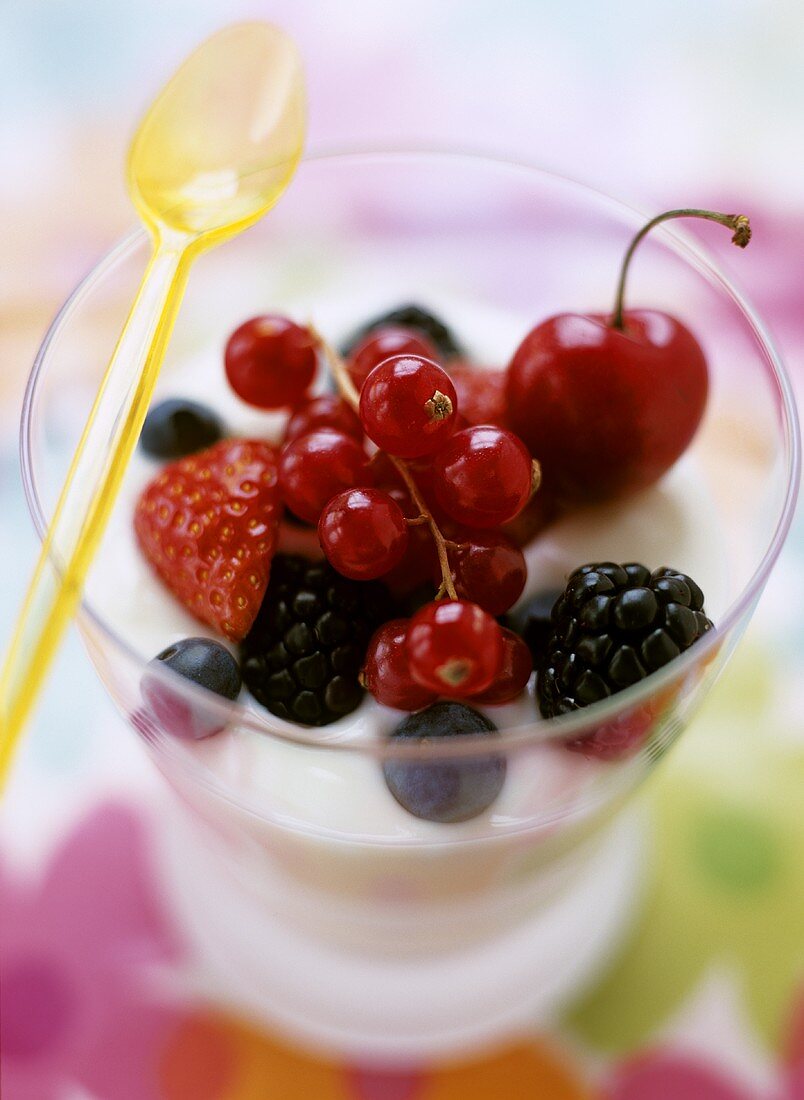 Vanillejoghurt mit frischen Beeren im Glas