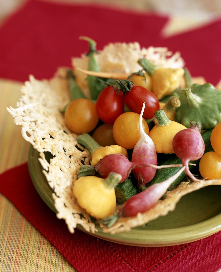 Cheese lattice basket with fresh vegetables