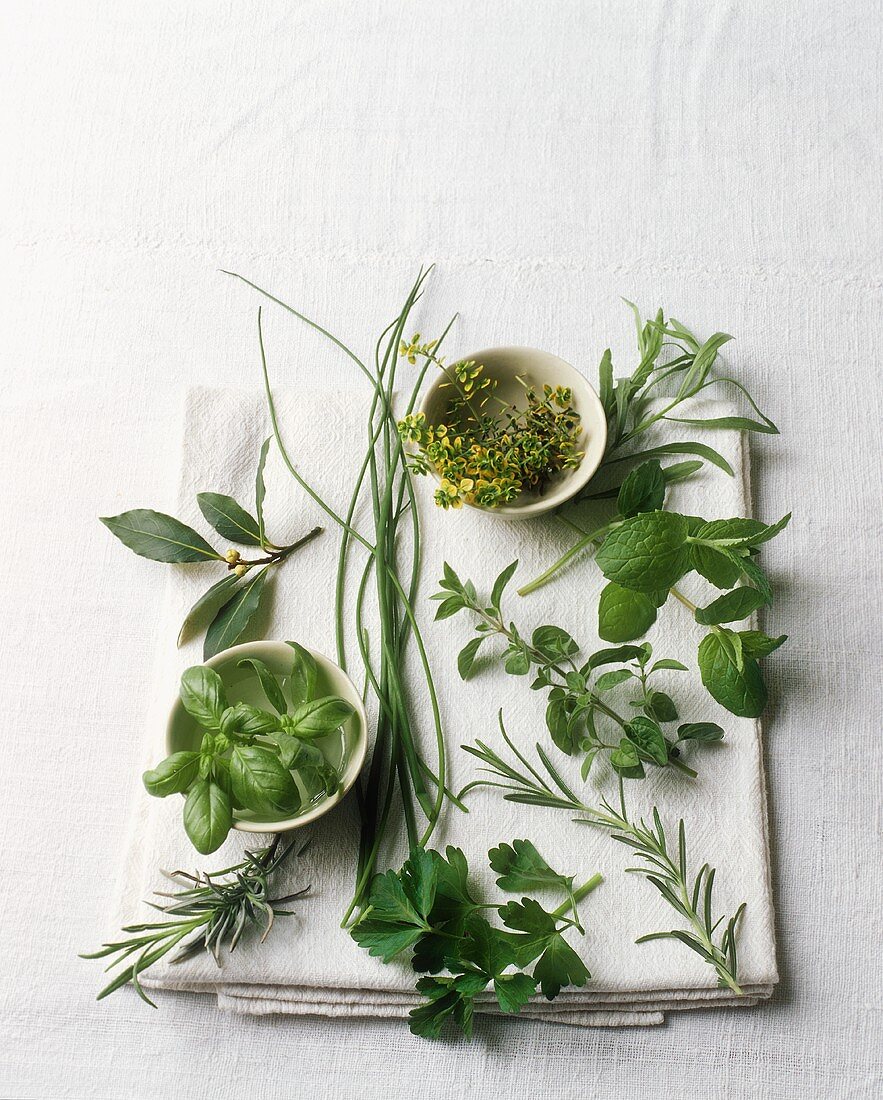 Herbs on white linen cloth