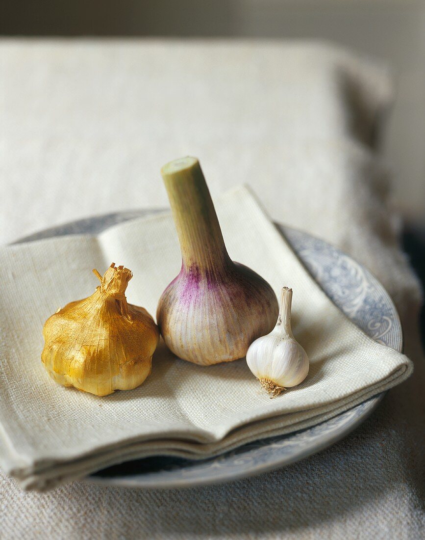 Garlic on linen cloth on plate