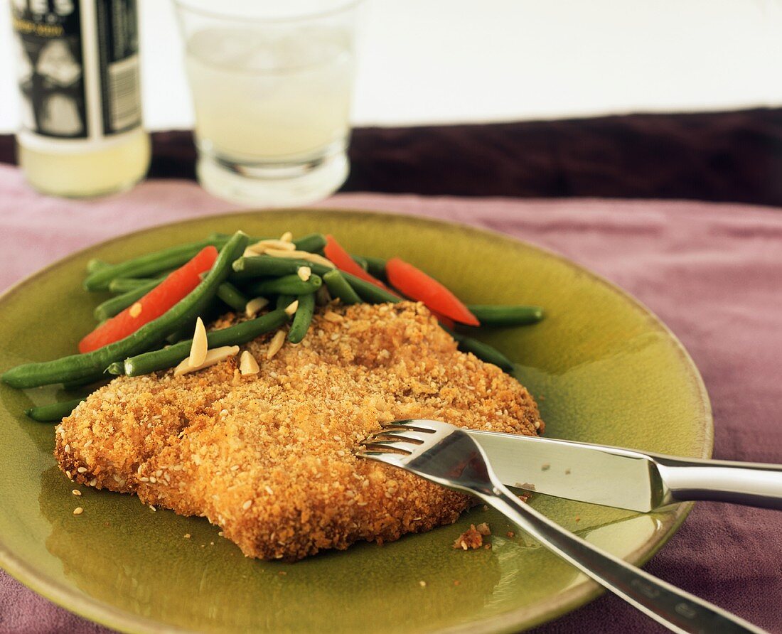 Sesame Breaded Pork Chop with Green Beans and Red Pepper