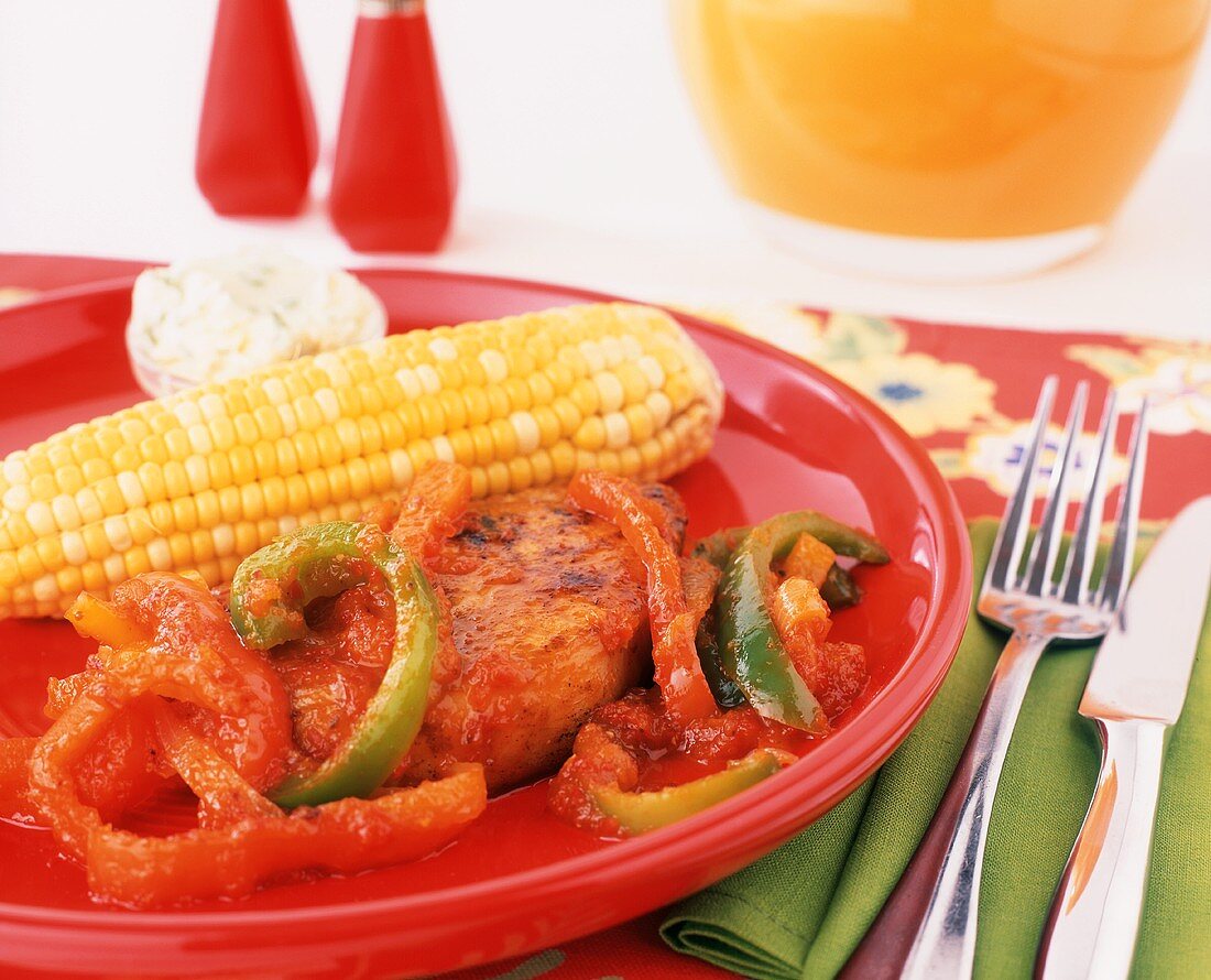 Pork Chop with Bell Peppers and Corn on the Cob