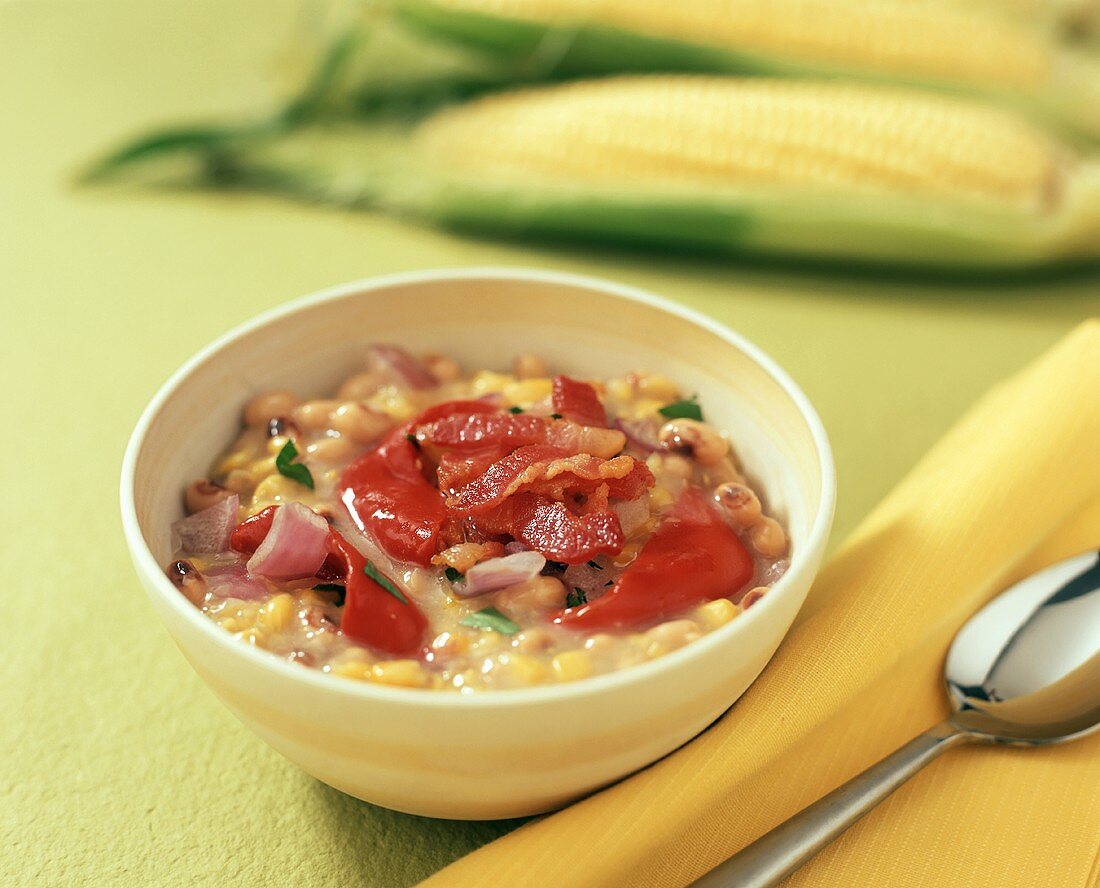Sweetcorn soup with peppers and black-eyed peas