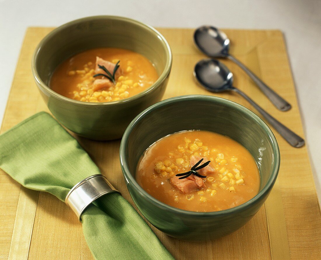 Butternut squash soup with corn and smoked salmon