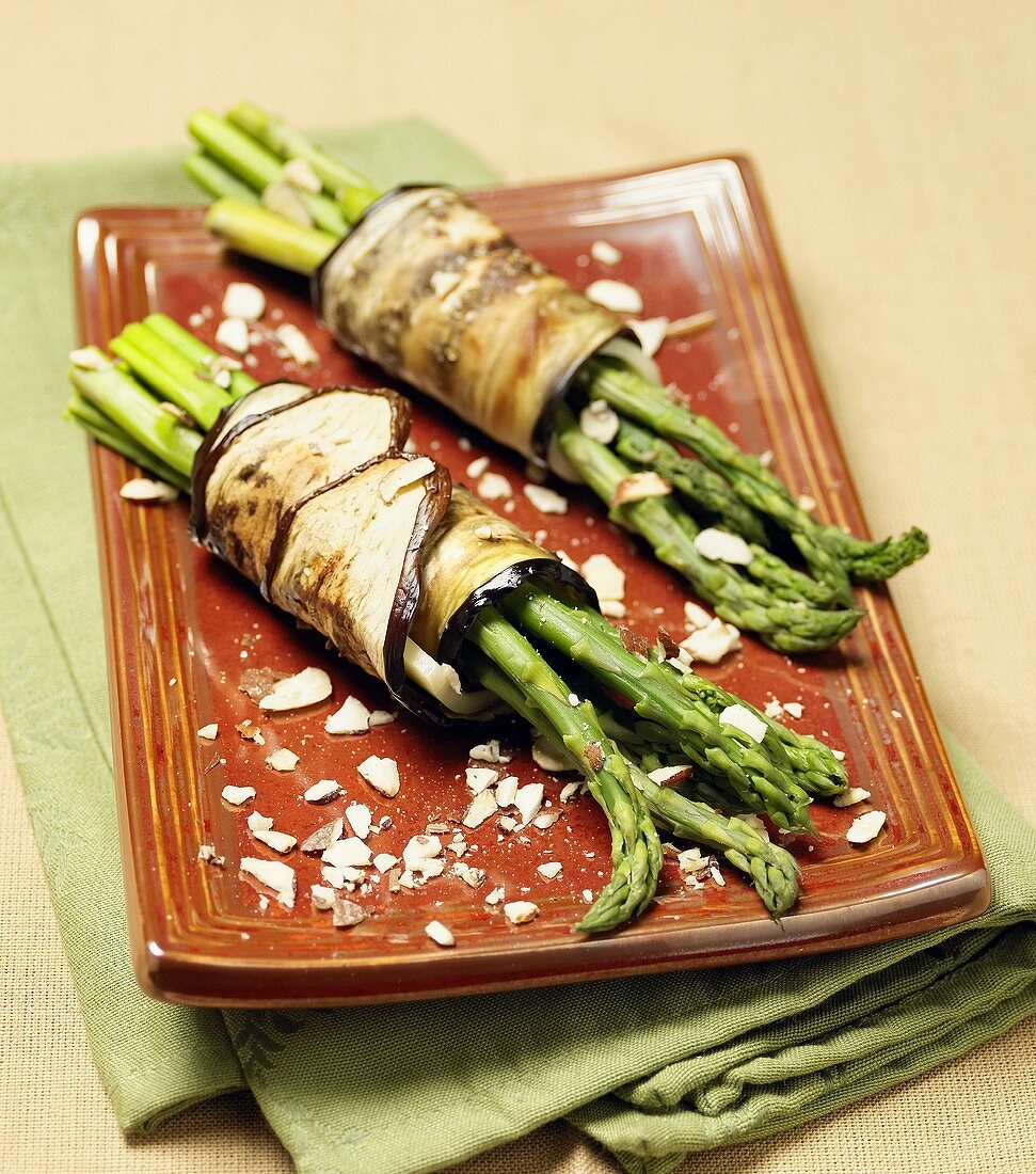 Green Asparagus Wrapped in Eggplant with Slivered Almonds