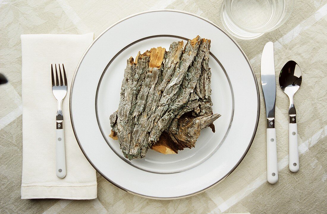 Place setting with piece of tree bark on plate