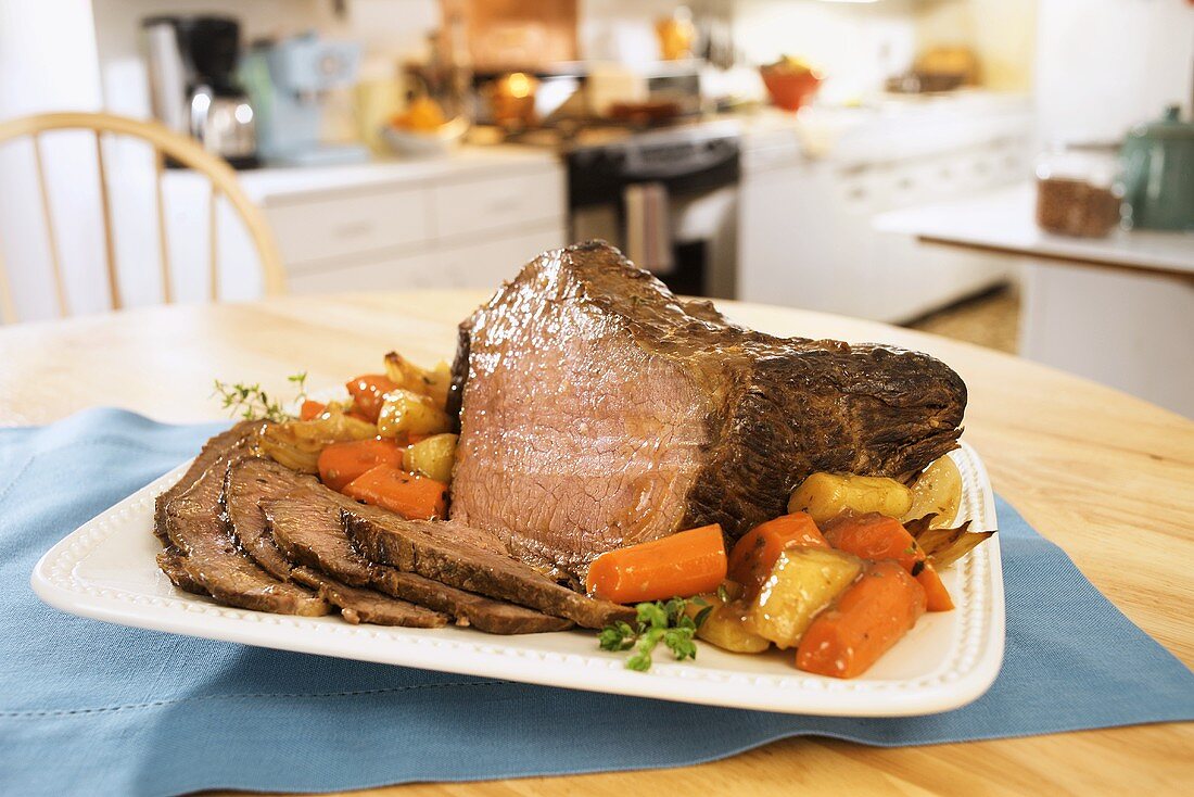 Sliced Roast Beef on a Platter in a Kitchen