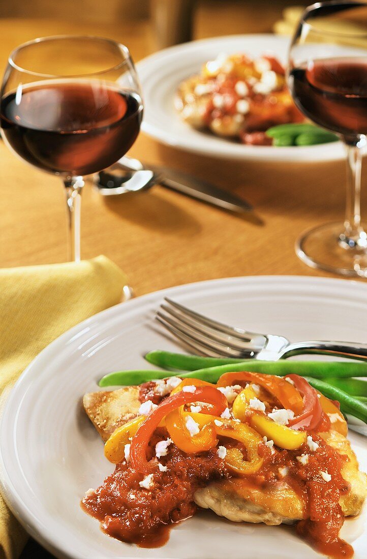 Boneless Chicken in a Tomato Bell Pepper Sauce with Green Beans and Wine