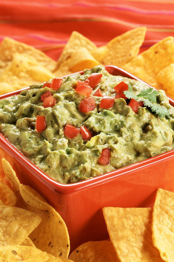 Guacamole in a Red Square Bowl with Tortilla Chips