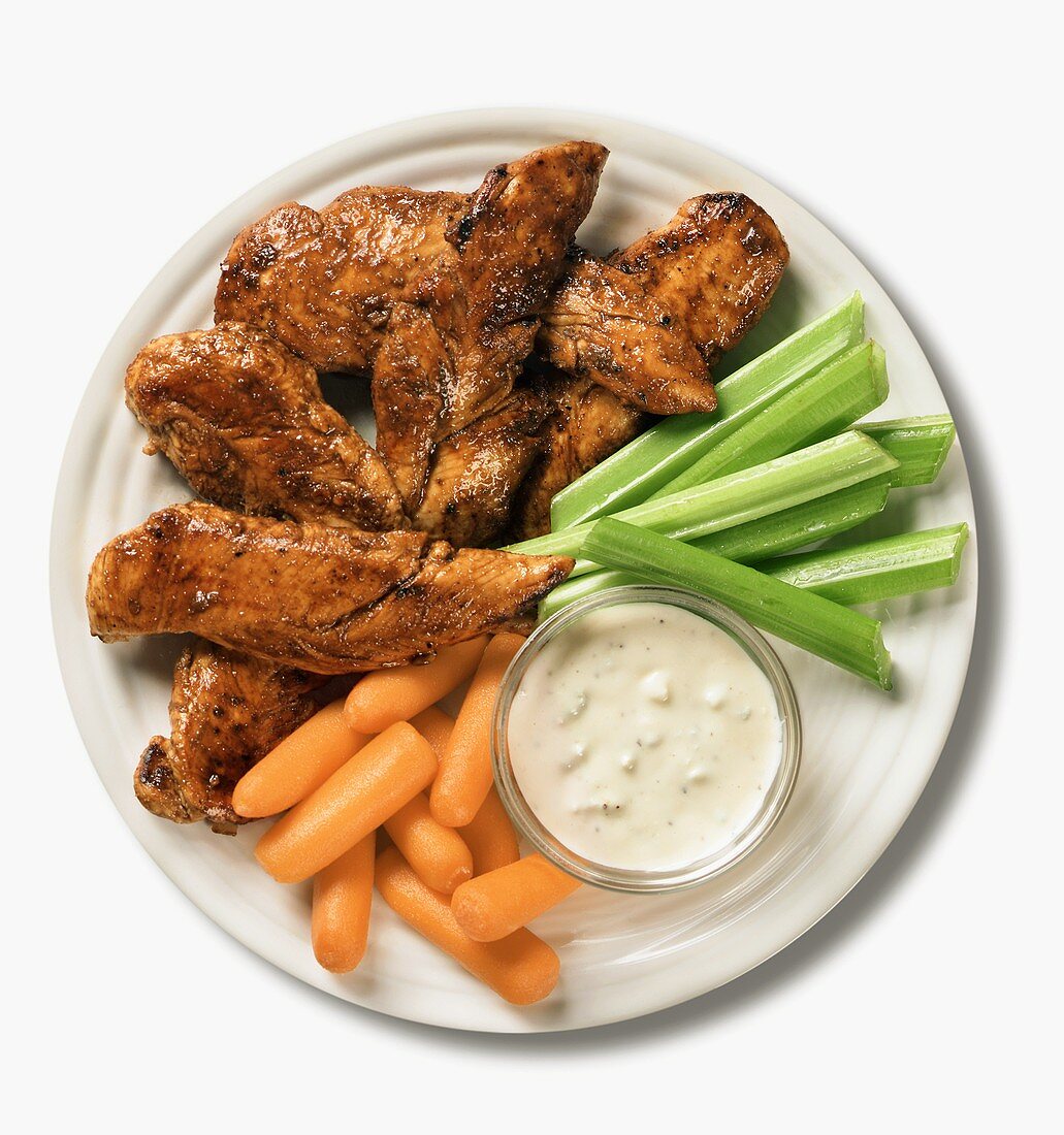 Spicy Chicken with Blue Cheese Dip, Carrots and Celery