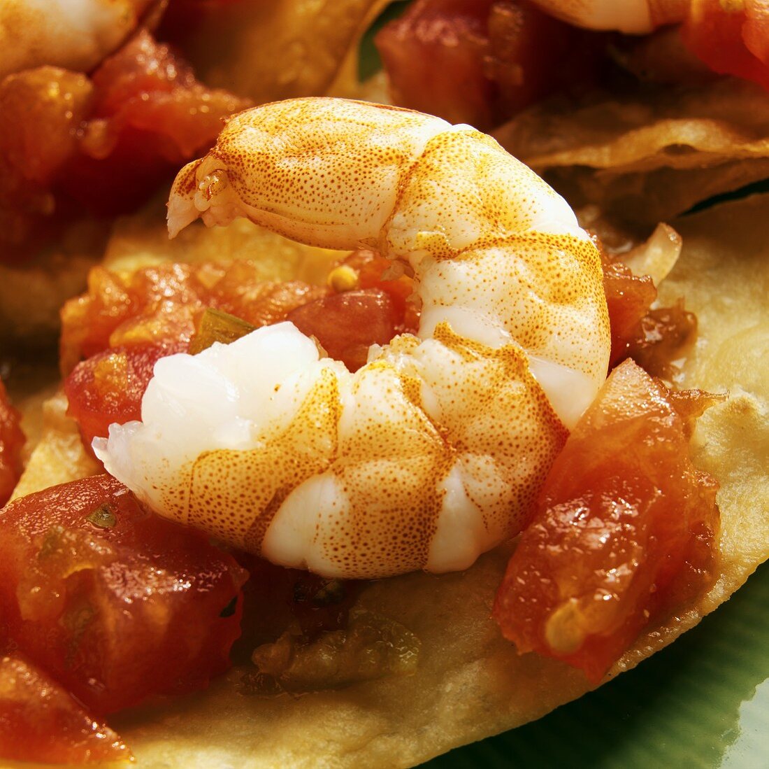 Shrimps and tomato salsa on tortilla chips (close-up)