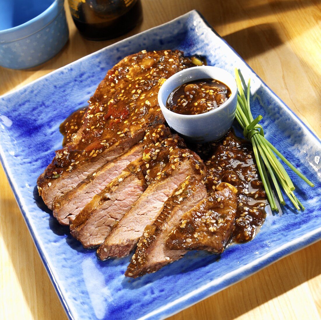 Beef steak with sesame and mango chutney