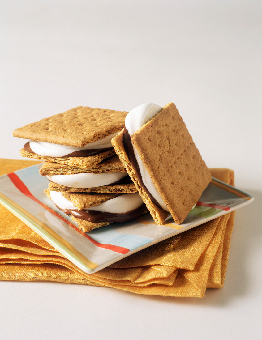 S'mores (filled biscuits, USA) in a pile on plate
