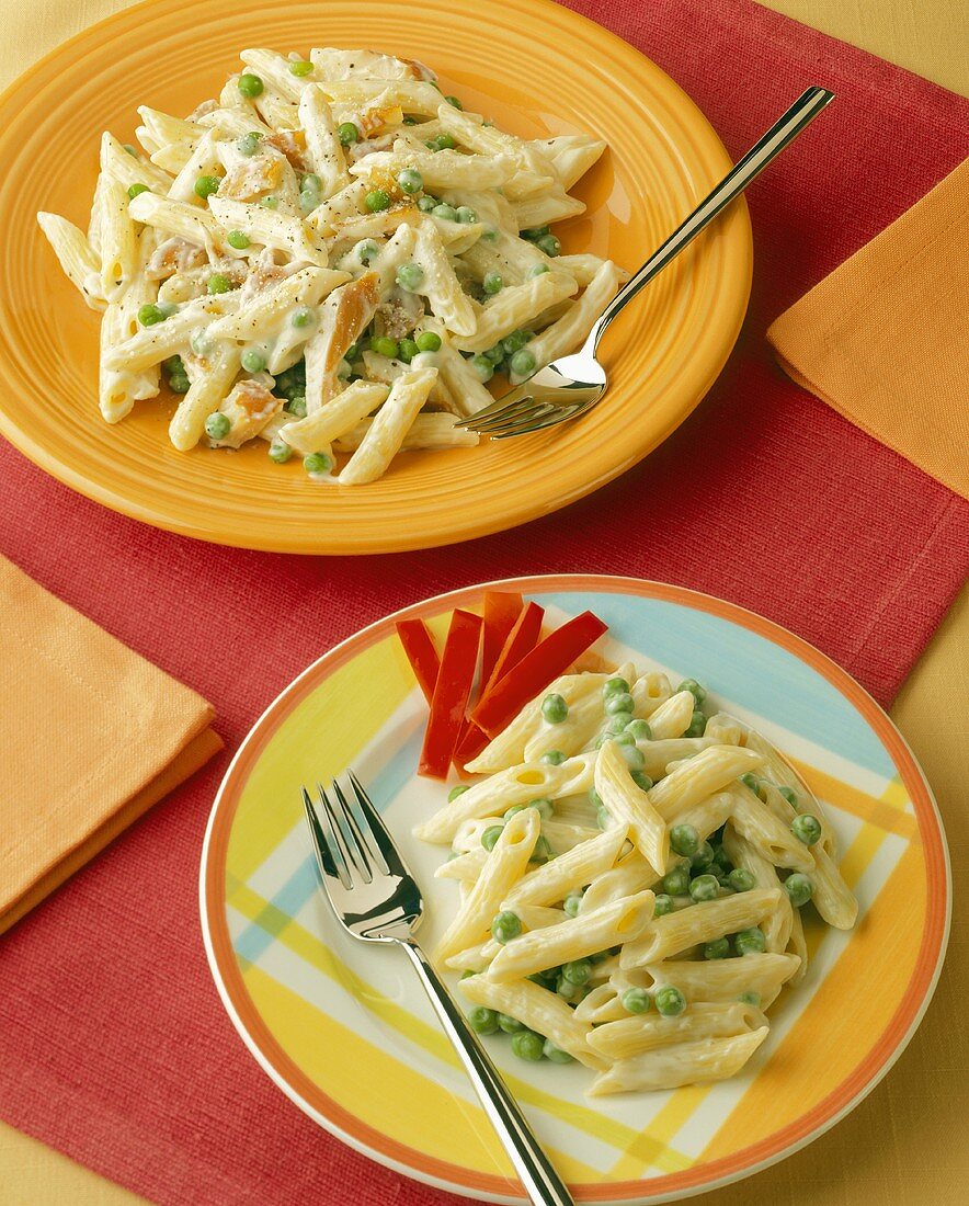 Penne with Alfredo Sauce and Peas and with Smoked Trout