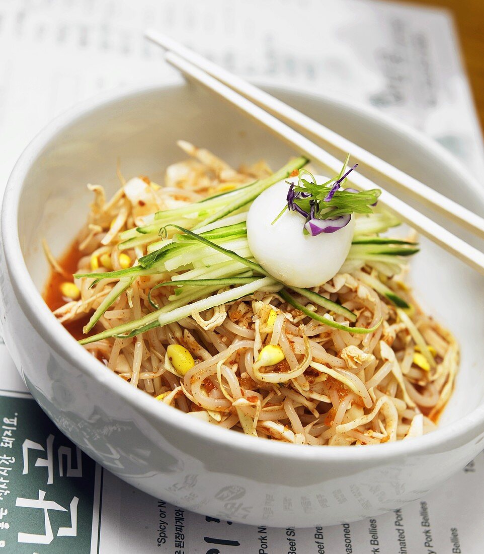 Spicy Korean Cellophane Noodle Dish with Bean Sprouts and Cucumber