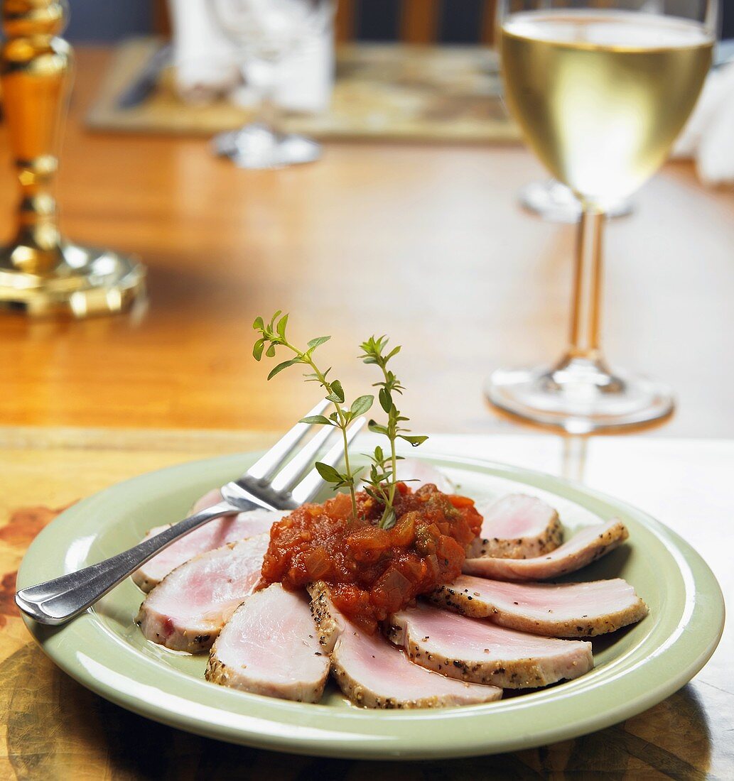 Sliced Roast Pork with Tomato Caper Sauce and White Wine