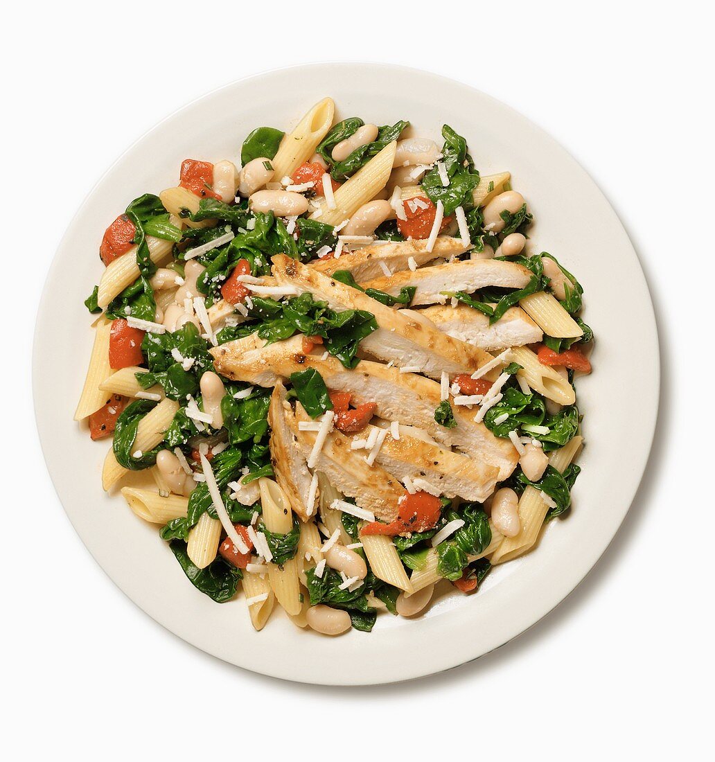 Sliced Chicken with Spinach, White Beans and Pasta