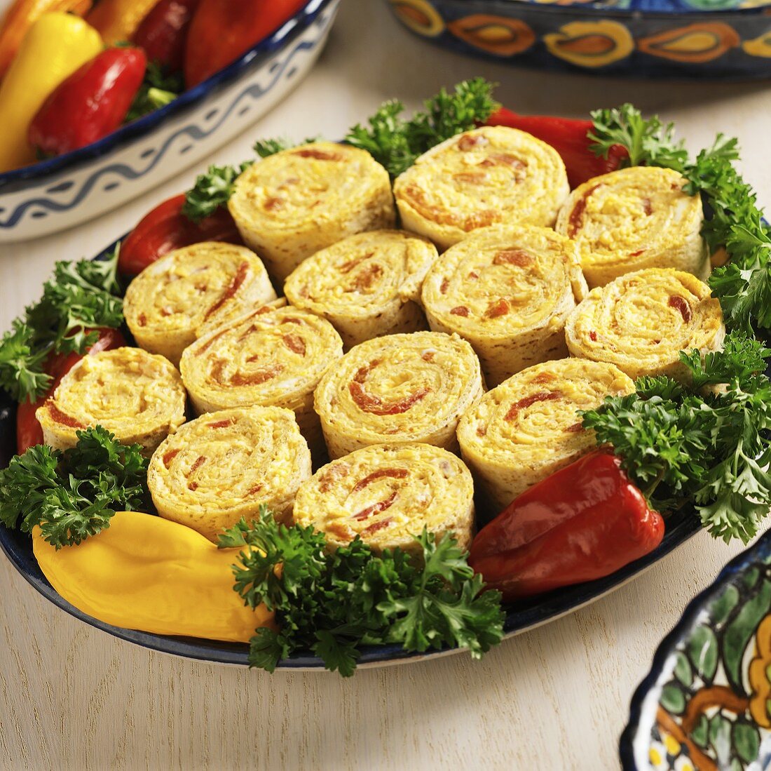 Tortilla Pinwheels with Cream Cheese, Roasted Red Pepper and Cheese