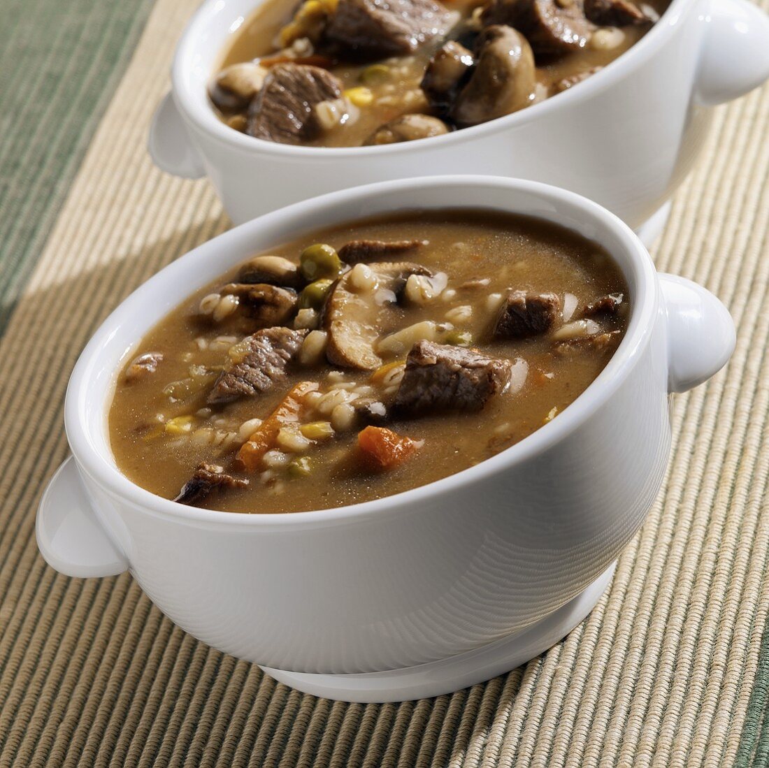 Beef and Barley Soup in a White Soup Bowl