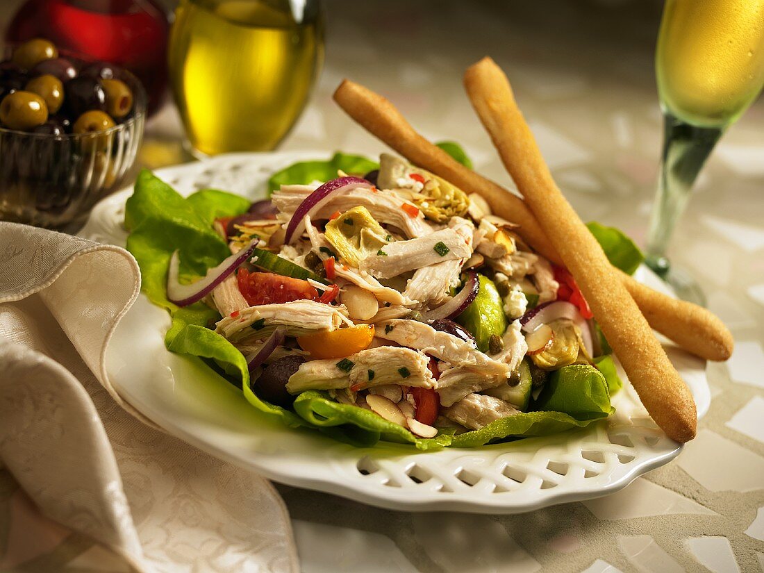 Chicken Salad with Breadsticks and White Wine