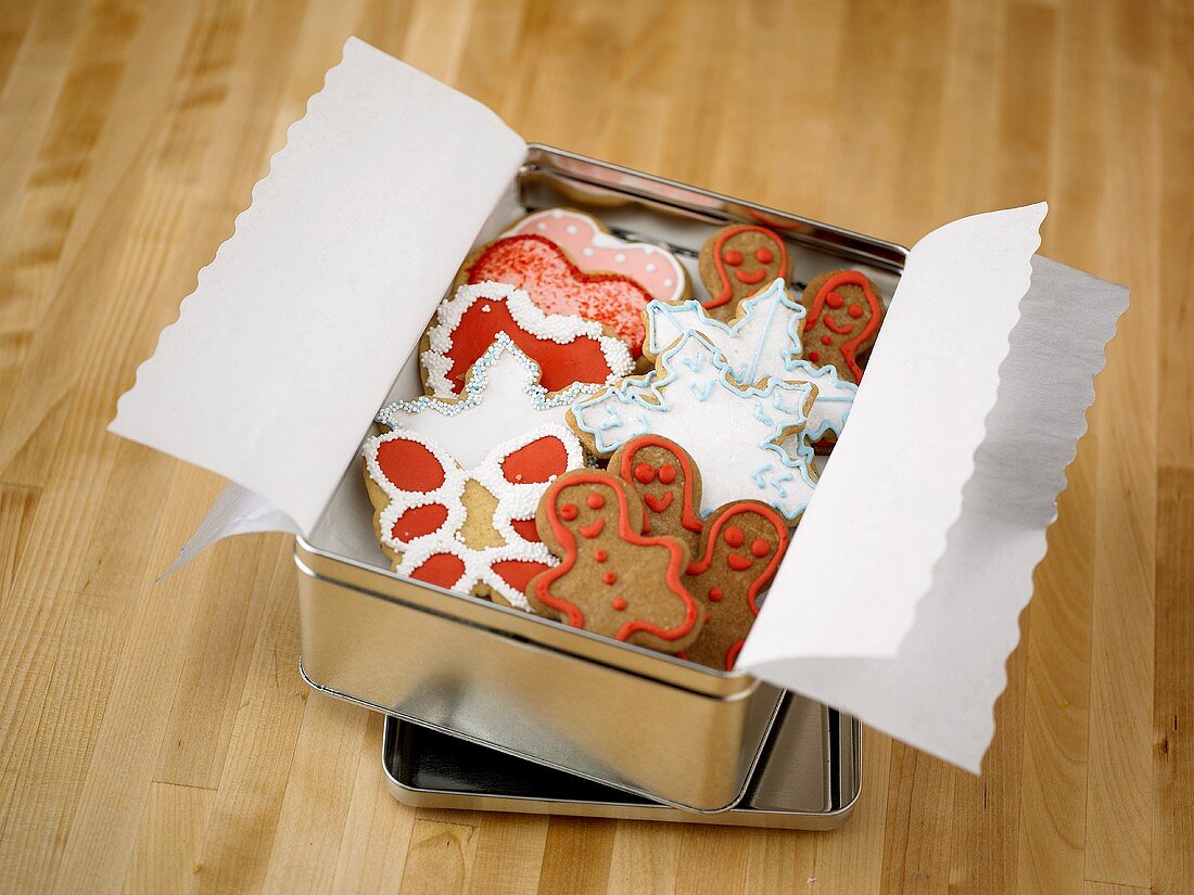 Decorative Holiday Cookies in a Tin
