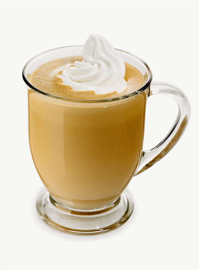 A Mocha Latte with Whipped Cream in a Glass Mug on White