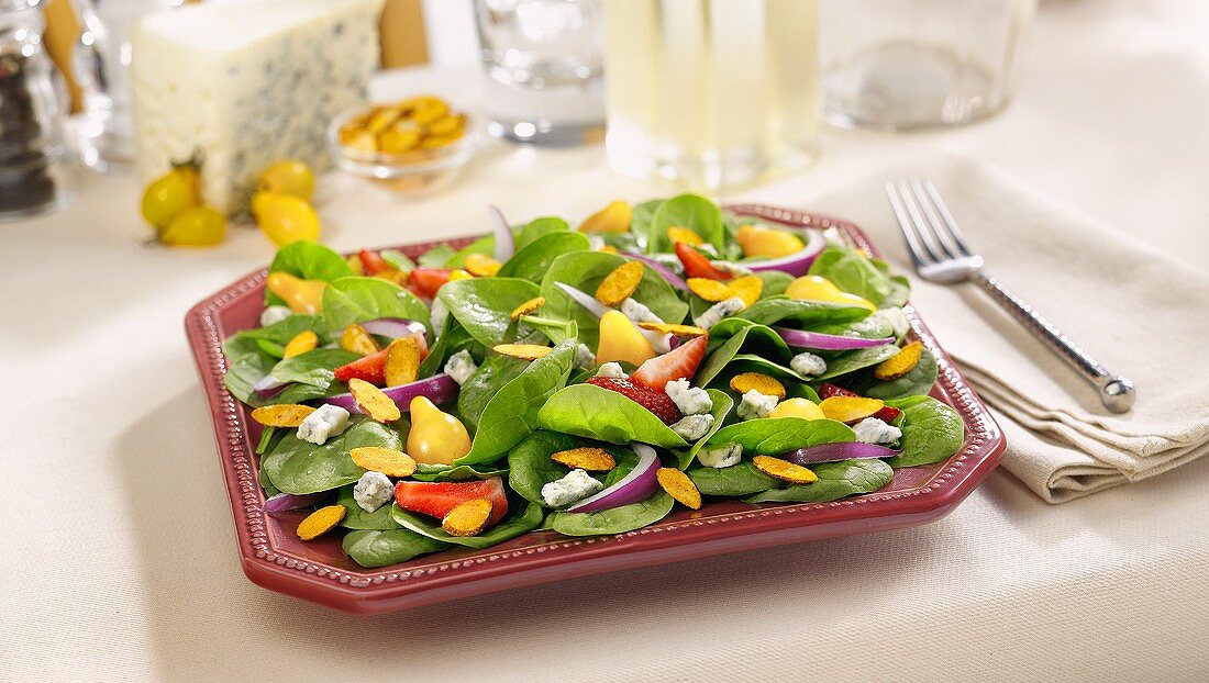 Spinach Salad with Strawberries and Blue Cheese; Yellow Pear Tomatoes