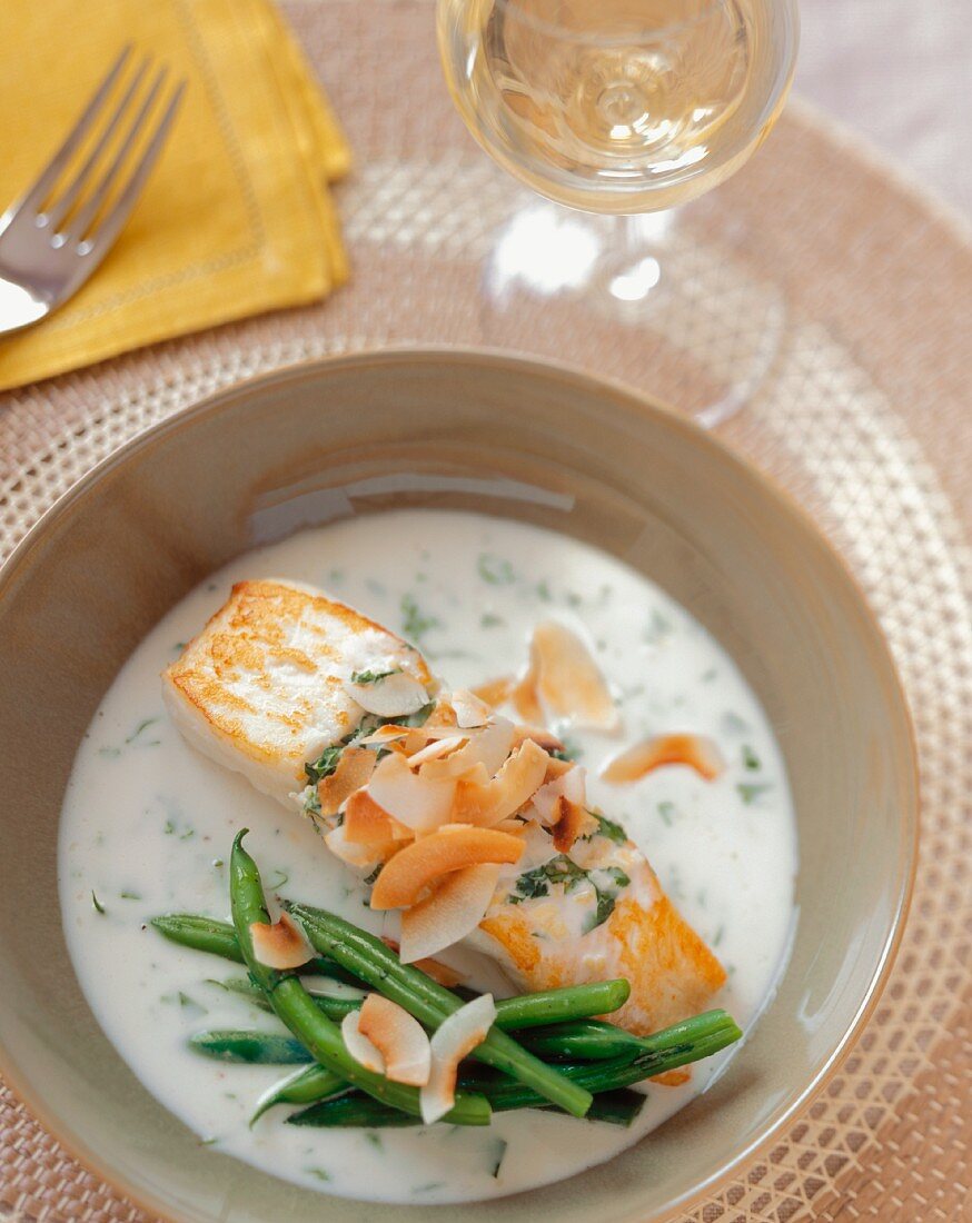 A Halibut Fillet in Coconut Milk with Green Beans