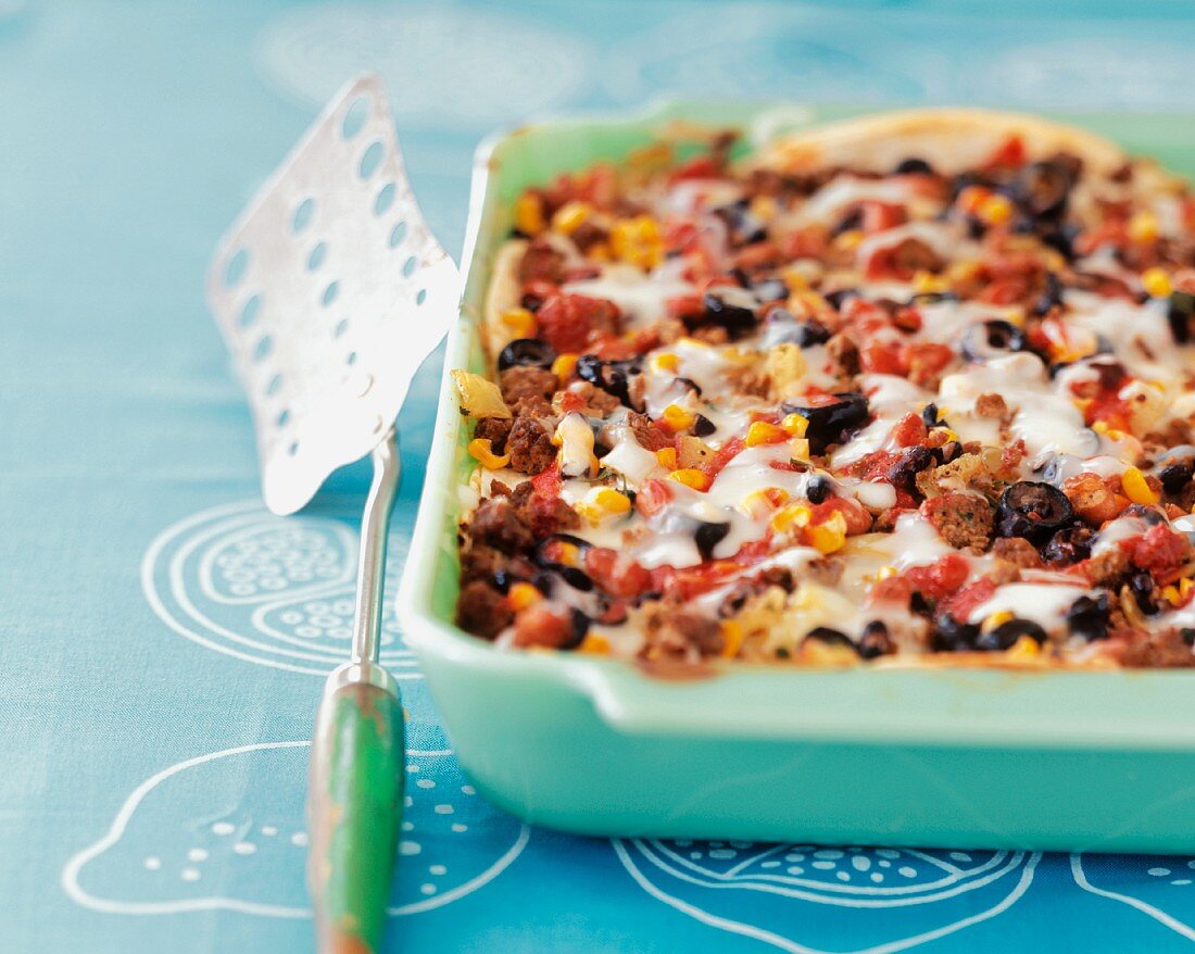 Mexican lasagne with sweetcorn, mince and peppers