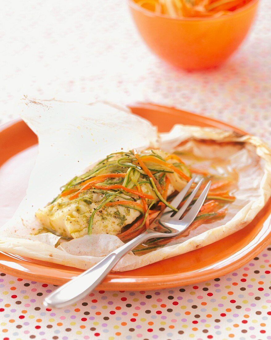 Roasted Halibut in Parchment Paper with Julienned Carrots and Zucchini
