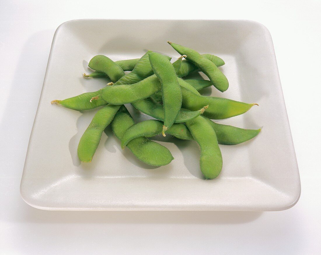 Edamame on a Square White Plate