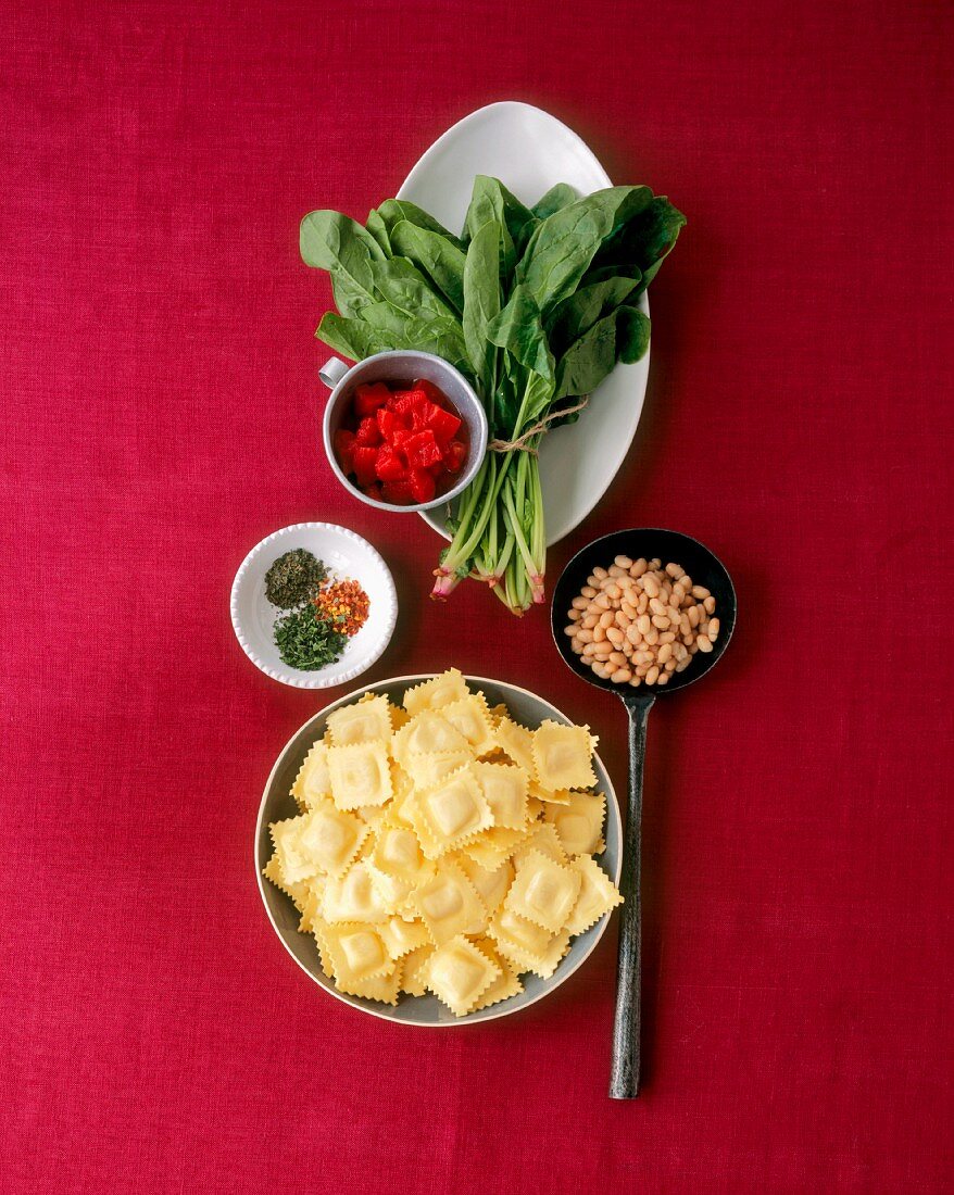 Ingredients to Make Ravioli with White Beans and Spinach in Tomato Sauce