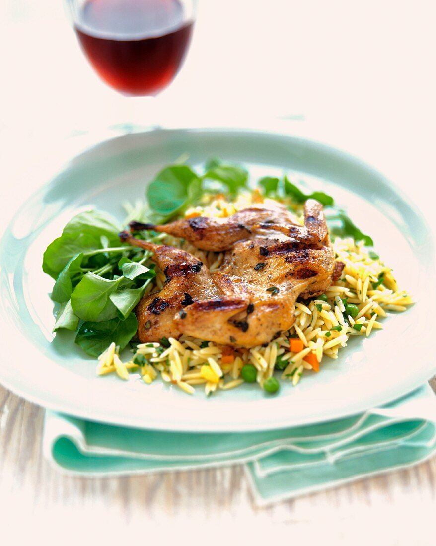 Grilled Quail with Orzo and Red Wine