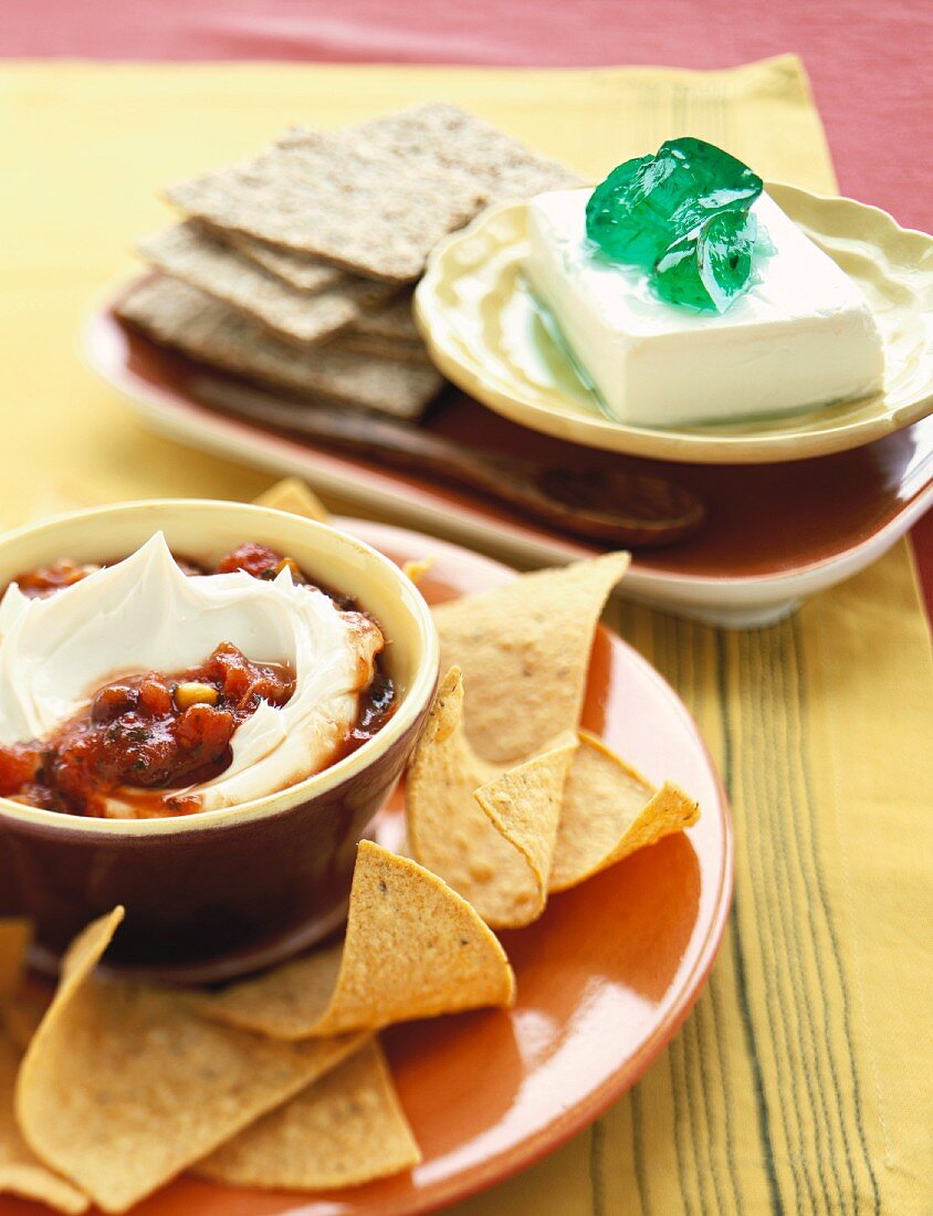 Cream Cheese Dips with Tortilla Chips and Crackers
