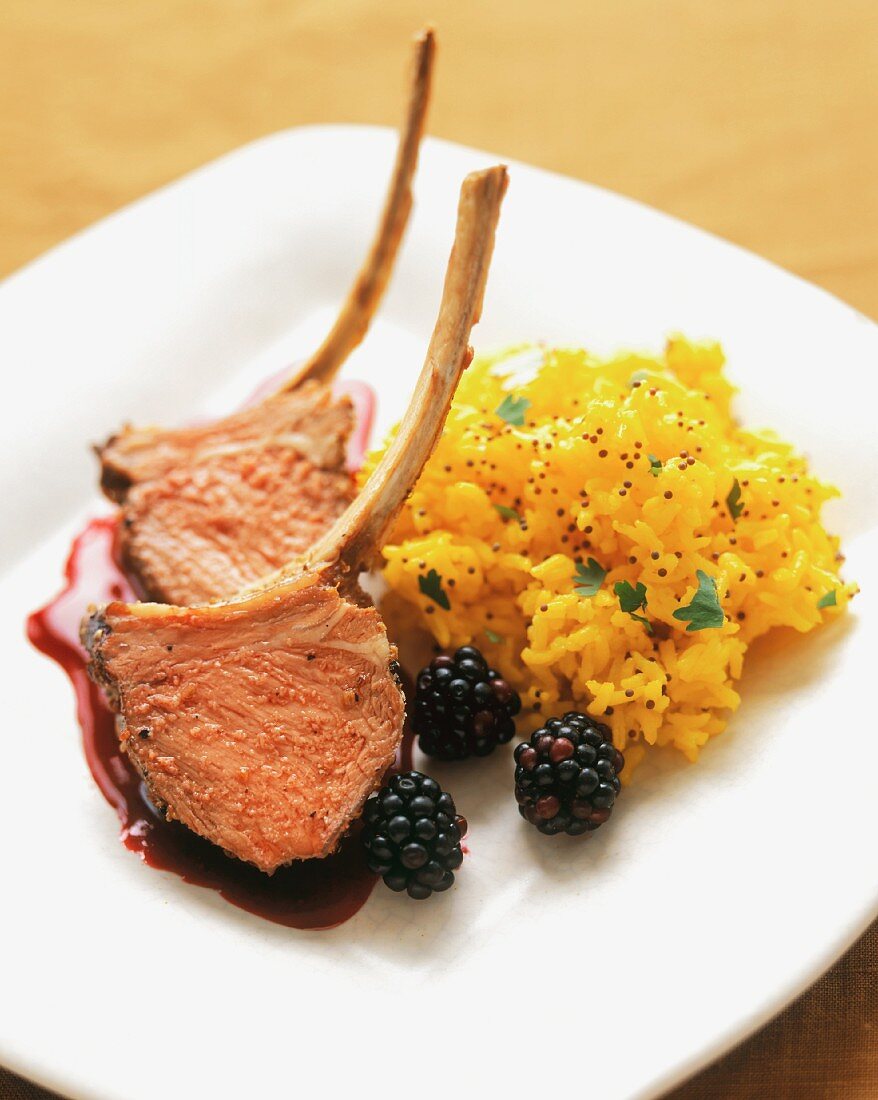 Lamb Chops with Blackberry Sauce and Yellow Rice