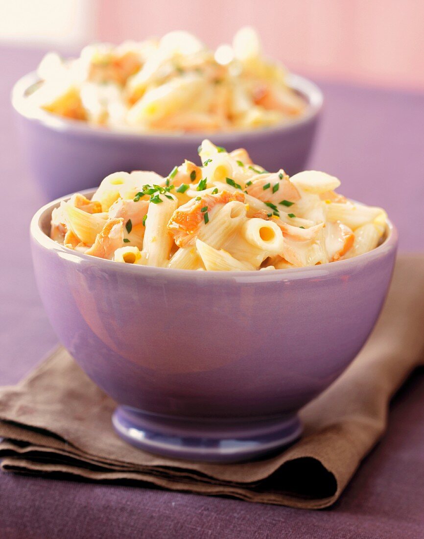 Penne with Salmon in Cream Sauce in a Blue Bowl