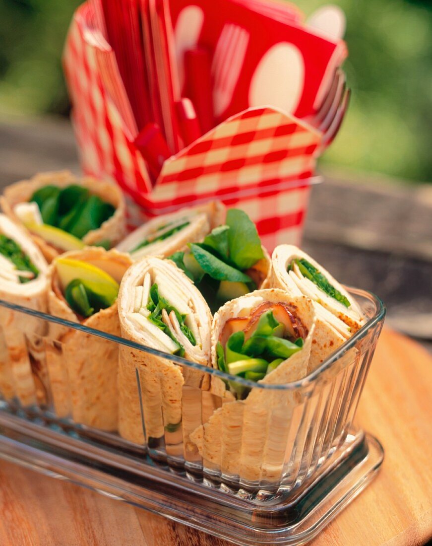 Turkey Wraps in a Rectangular Serving Bowl for a Picnic