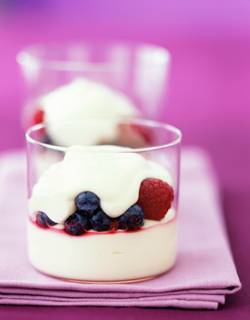 Vanillejoghurt mit Heidelbeeren und Himbeeren