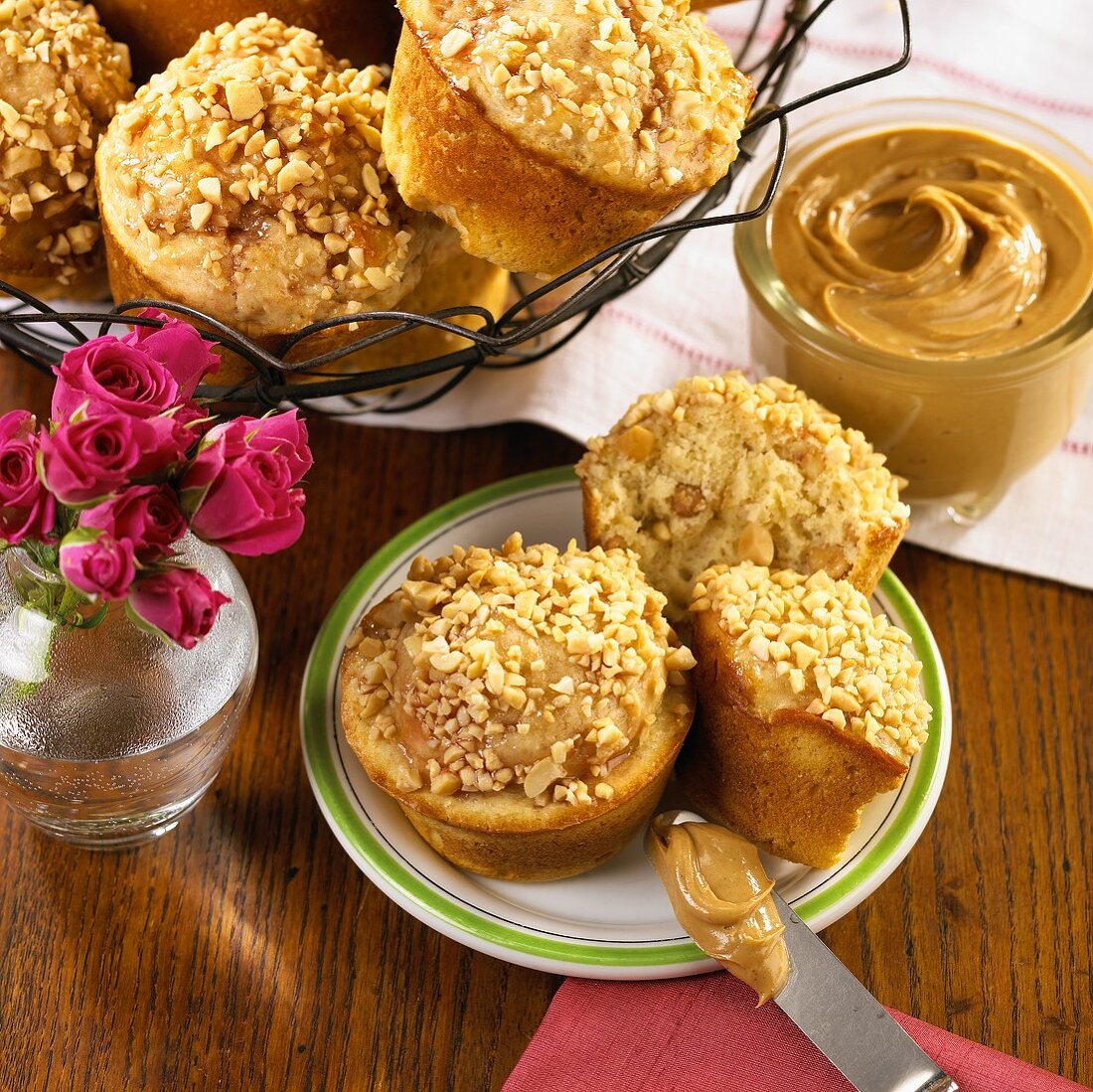 Peanut Butter Muffins on a Plate and in a Wire Basket