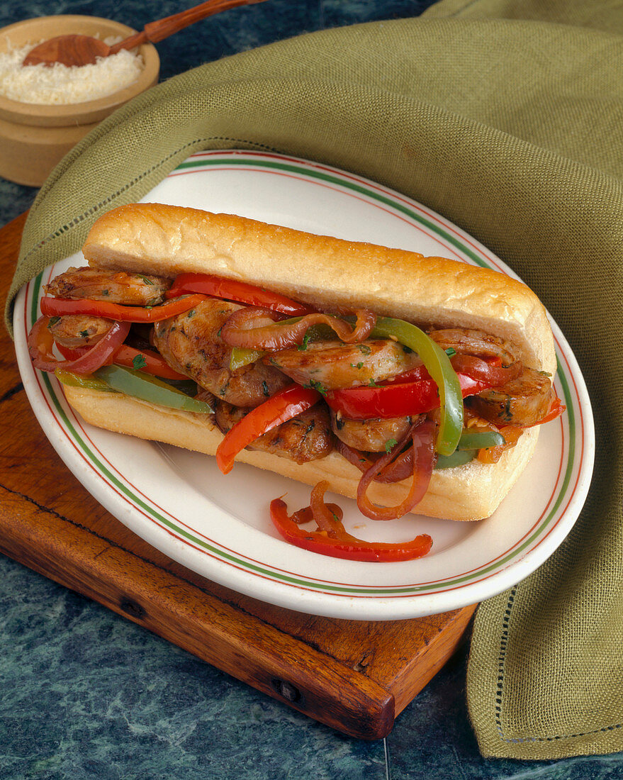 A Sausage, Bell Pepper and Onion Sub