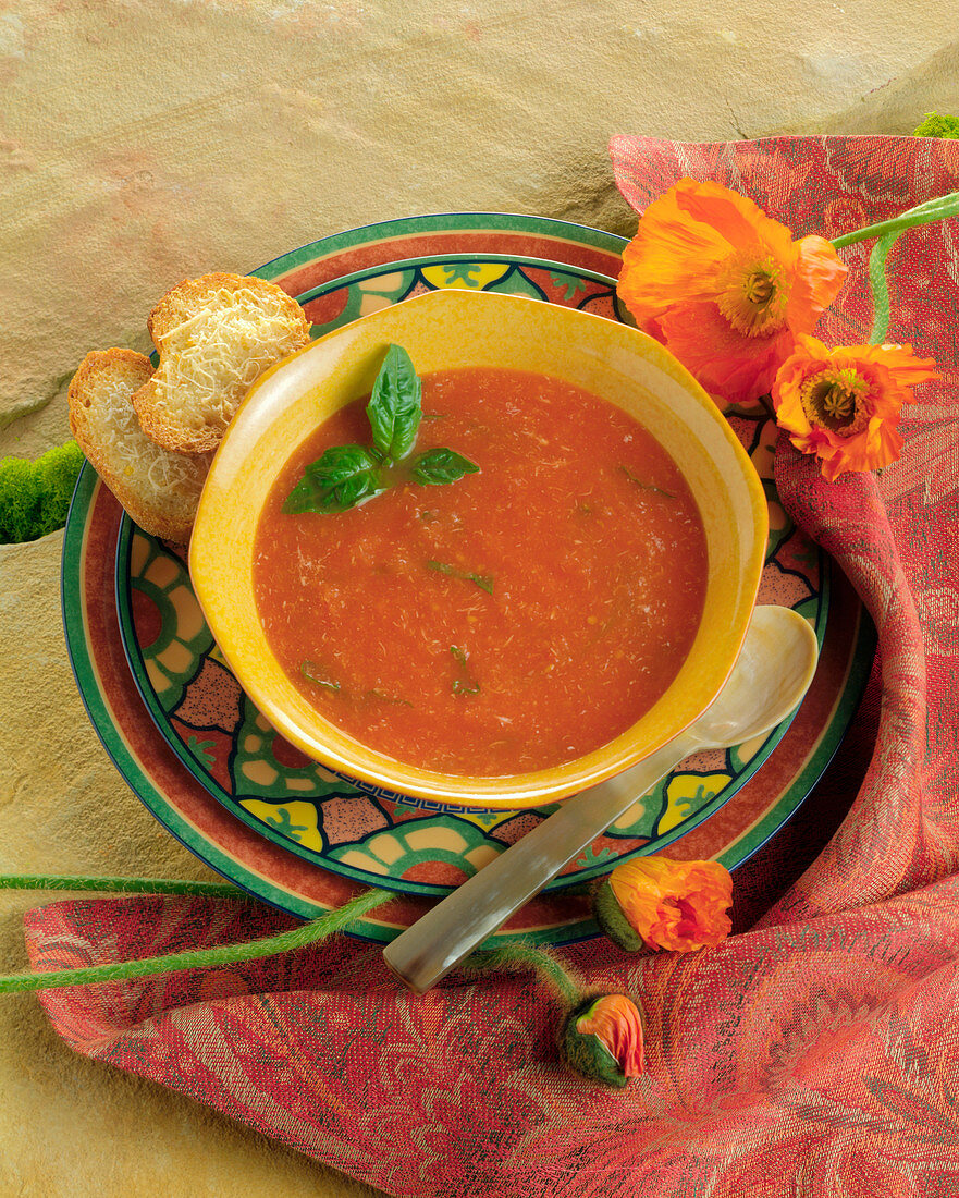 Tomato and Basil Soup with Parmesan Garlic Toasts