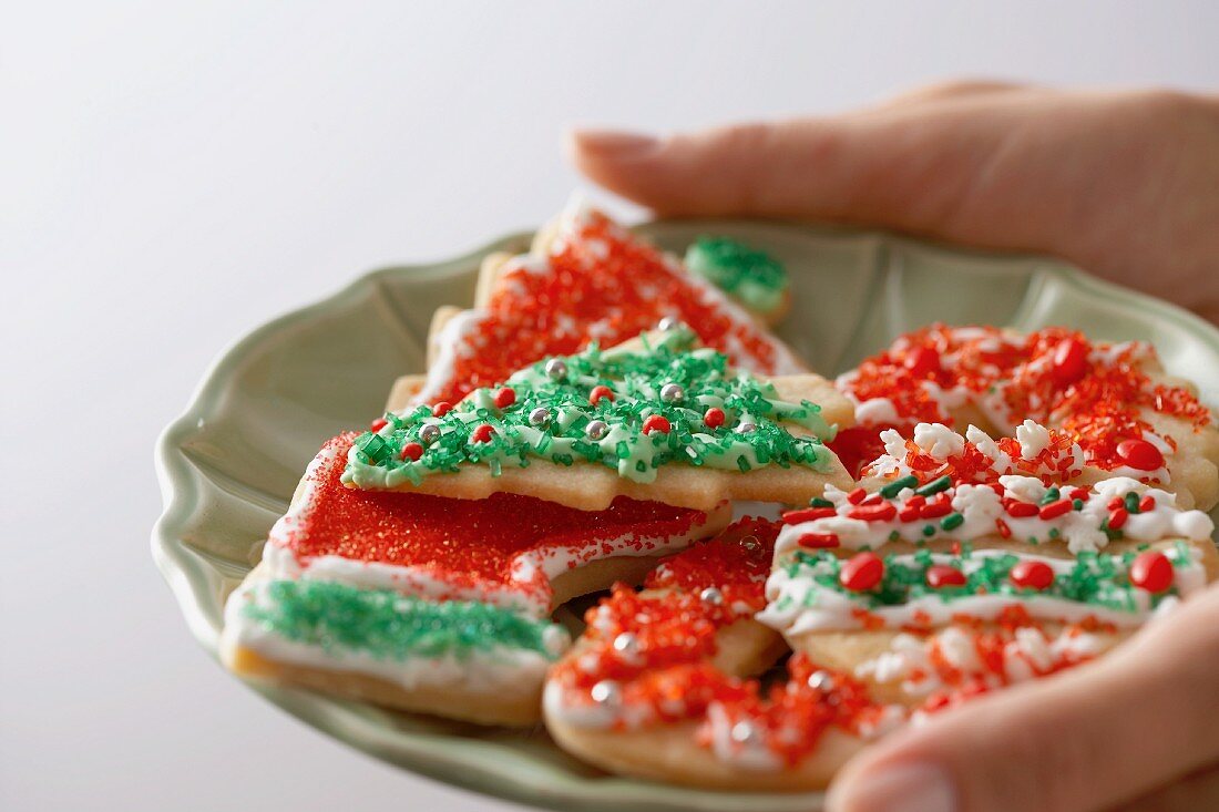 Hands Holding a Plate of Christmas Cookies